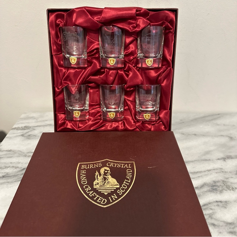 Burns Crystal Scotland Handcrafted Shot Glass Set - golf theme NEW IN BOX